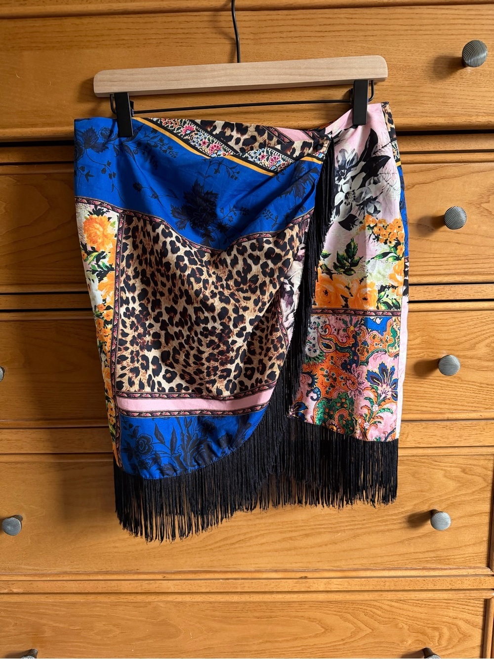 ASOS Design Patchwork Scarf Fringe Skirt Womens Size 8 Animal Print Abstract